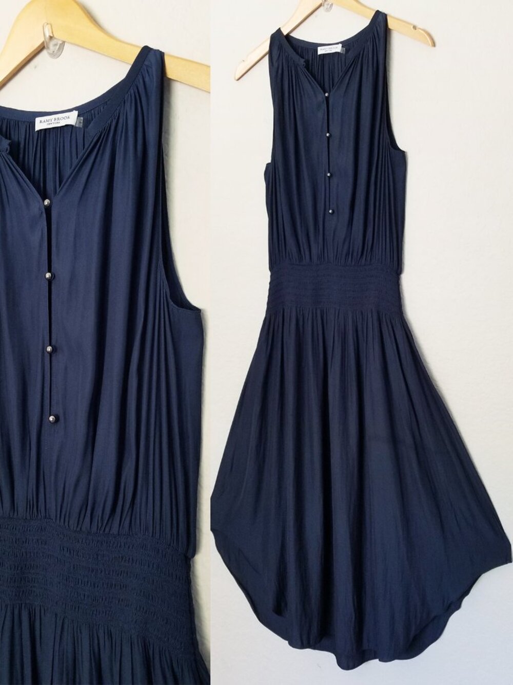 Ramy Brook Beatrice Midi Dress S Navy Blue Smocked Waist Curved Hem Button Front